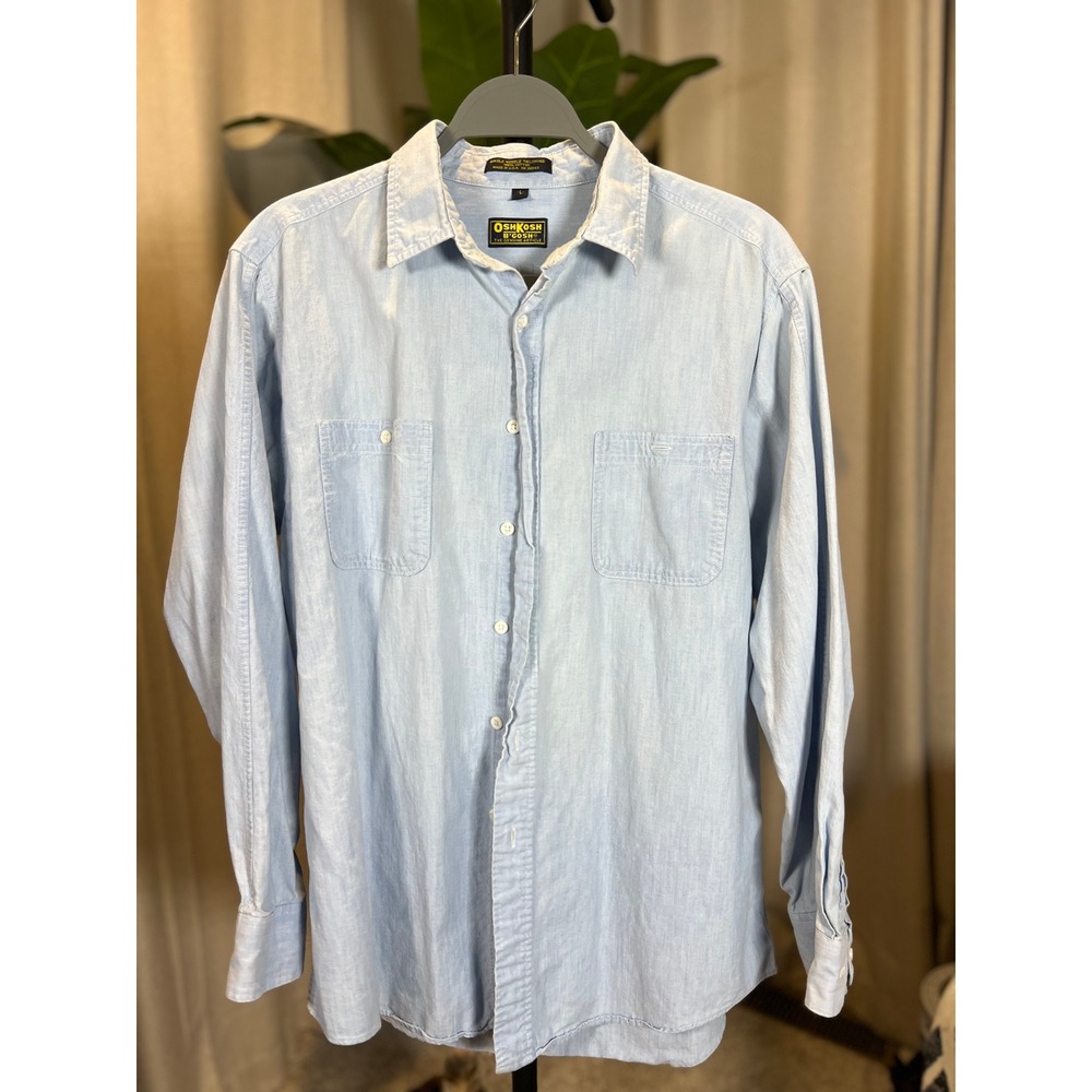 Vintage OshKosh B'gosh Kids Large Blue Chambray Button Down Shirt Made in USA